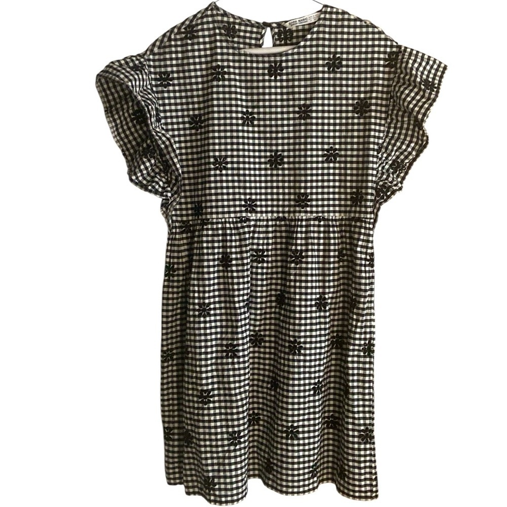 Zara Basic Denim Women’s Black & White Gingham Cotton Eyelet Mini Dress Size XS